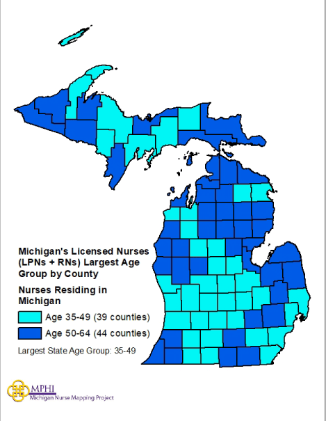largest age group map of Michigan nurses in 2022